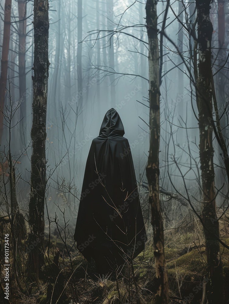 Wall mural mysterious figure in dark cloak standing in misty forest