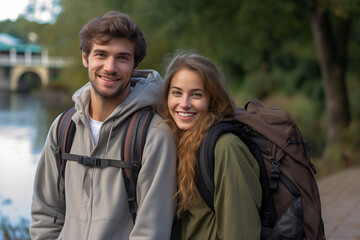 Fototapeta premium Young couple at outdoors with mountaineer backpack