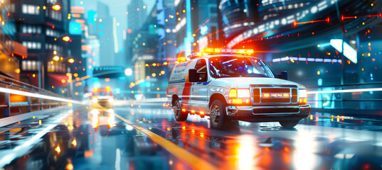 An ambulance races through a futuristic city, its lights flashing and siren wailing, as data visualizations illuminate the urban landscape