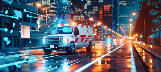 A white ambulance with flashing lights navigates a city street at night, surrounded by futuristic technology and glowing holographic medical data