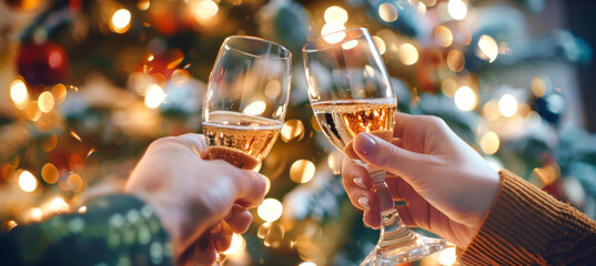 Close-up of two hands holding champagne glasses, clinking in a toast, with a brightly lit Christmas tree in the background