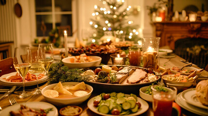 A table laden with delicious Christmas dinner dishes, including a roasted ham, sits under the soft glow of Christmas lights and candlelight