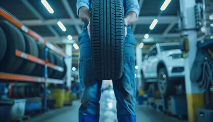 Fototapeta premium Male mechanic with car tire in auto store