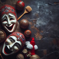 Theatrical masks on a dramatic scene