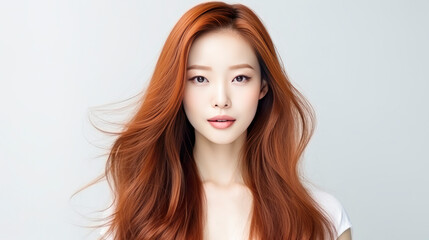 Naklejka premium Portrait of a beautiful, sexy, smiling, happy Asian woman with long red hair and perfect skin, white background, banner.