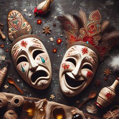 Theatrical masks on a dramatic scene