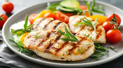 Grilled chicken breast with cherry tomatoes and rosemary.