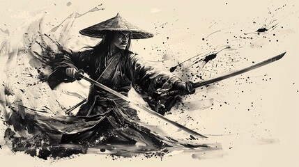 Illustration of samurai with sword and wear hat with abstract background