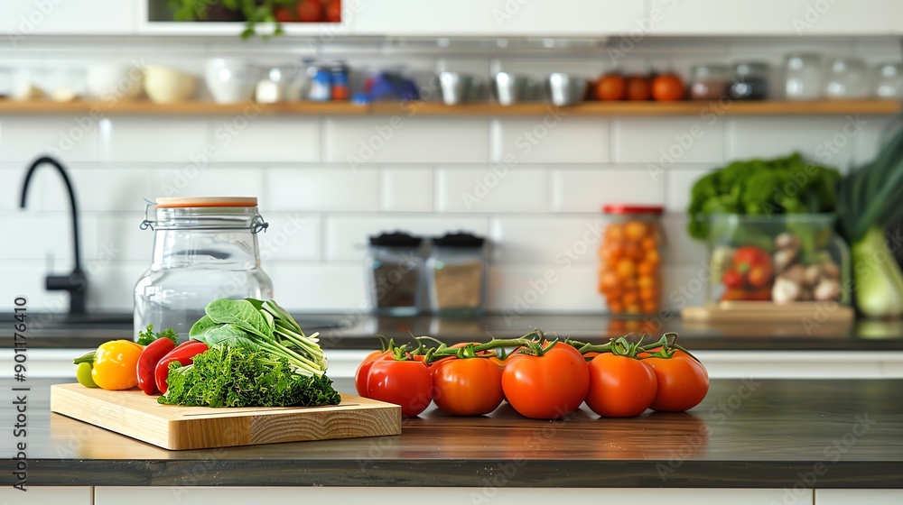 Canvas Prints Fresh produce sits on a kitchen counter in front of a window.