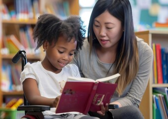 Obraz premium A smiling African-American schoolgirl in a wheelchair and an Asian teacher with a zu textbook are engaged in lessons