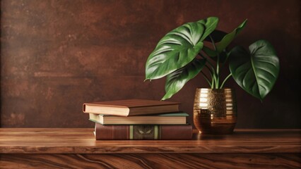 A wooden table holds a couple of neatly stacked books on the left, a decorative item on top of a book in the center, and a large green leaf partially visible on the left.