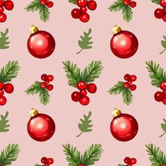 Seamless pattern with red christmas balls and cherry branches on pink background.