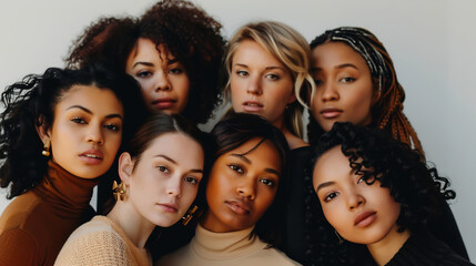 Fototapeta premium Studio shot of a multicultural beautiful girls with natural skin posing.young pretty asian, caucasian, afro woman posing cheerful together , lifestyle diverse nationality people concept