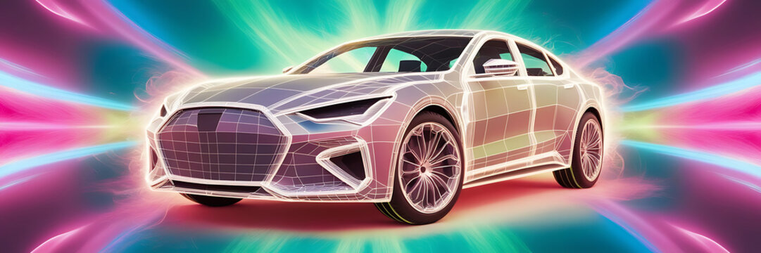 Abstract wire low poy car illustration on dark colorful cityscape background 