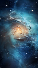 A stunning cosmic landscape with swirling nebulae in shades of blue, gold, and dark space, illuminated by distant stars.