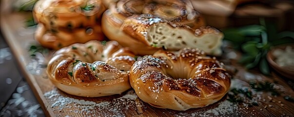 Freshly baked bread rolls topped with seeds on a rustic wooden board, perfect for breakfast or as a snack.