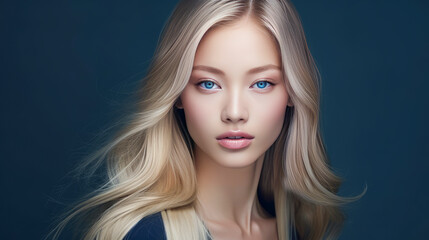 Fototapeta premium Portrait of a beautiful, sexy, smiling, happy blonde Asian woman with perfect skin, dark blue background, banner.