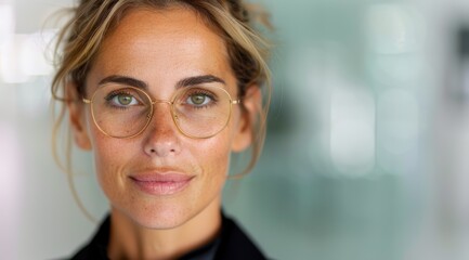 Thoughtful woman with glasses in front of blurred background