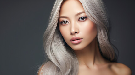 Portrait of a beautiful, sexy, smiling, happy blonde Asian woman with perfect skin, silver background, banner.