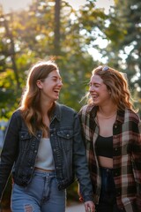 Fototapeta premium Two women laughing and walking outdoors