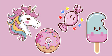 Cute cartoon unicorn and donut stickers set. Vector illustration. © Prosun Design