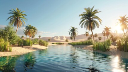 Obraz premium A desert oasis with palm trees, a stream, and sand dunes.