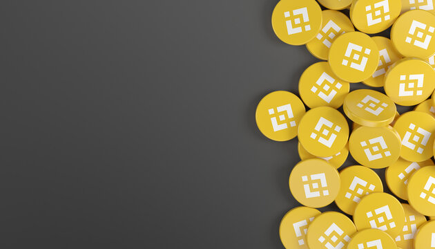 3d rendering of many round buttons with the logo of the cryptocurrency Binance (BNB).