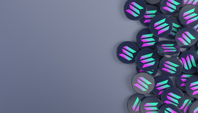 3d rendering of many round buttons with the logo of the cryptocurrency Solana (SOL) in black on a dark background - business concept - Copy space.