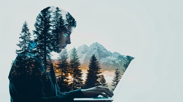 Double exposure of a programmer coding, layered with a digital interface and an abstract nature landscape of mountains and forests, giving a postcard effect
