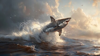Fierce Great White Shark breaching water surface, splashing waves, dramatic sky.
