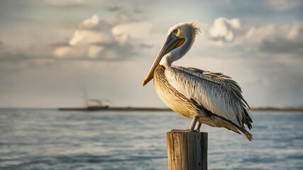 Close-up of a pelican perched on a wooden pole.