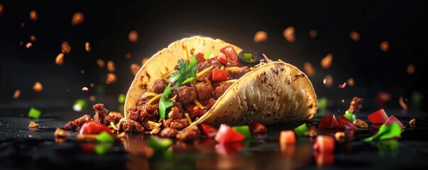 Juicy taco filled with seasoned meat, fresh vegetables, and garnished with herbs, perfect for any food lover's collection.