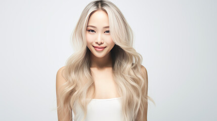 Naklejka premium Portrait of a beautiful, sexy, smiling, happy Asian blonde woman with long hair and perfect skin, white background, banner.