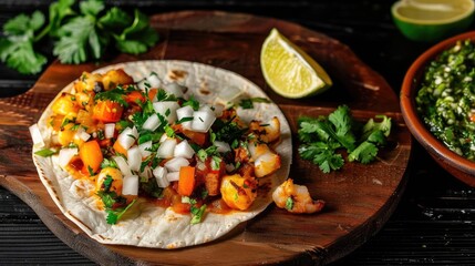 Delicious taco on wooden board with fresh ingredients, lime wedge, and salsa. Perfect for food lovers and culinary enthusiasts.