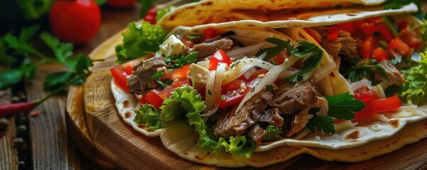 Delicious taco with savory meat, fresh vegetables, and vibrant toppings on a wooden plate, ideal for food lovers and culinary designs.