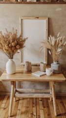 Obraz premium A rustic wooden table is set with various items, including a framed whiteboard, pottery, and small decorative objects.
