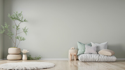 Serene minimalist apartment interiors with minimal furniture and relaxing decor.