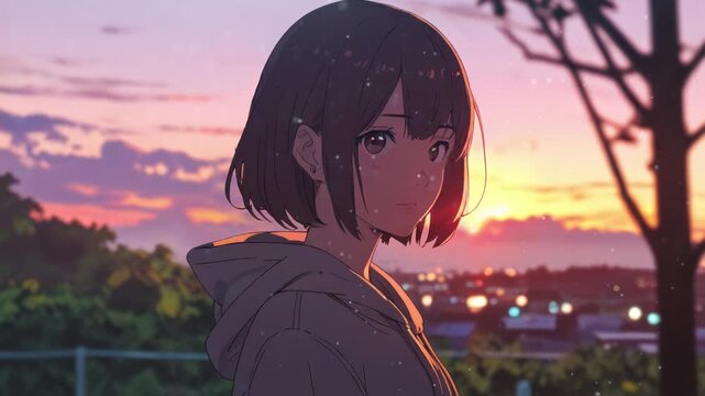 Lofi anime girl with sunset background, loop animation video.