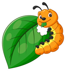 Orange caterpillar eating green leaf on white background. Perfect for educational materials, nature themed designs, children books. Vector Illustration