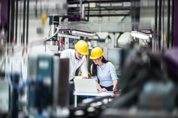 Two project managers standing in modern industrial factory, looking at laptop screen. Manufacturing facility with robotics, robotic arms and automation. Storing products and materials in warehouse.