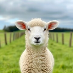 Close-up of a sheep in a green pasture with a cloudy sky background, capturing the serene and peaceful essence of rural life.