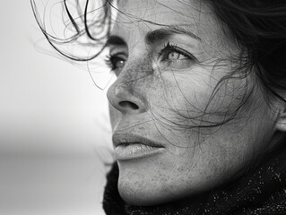 isolated reference photo on a plain white background, black and white side profile portrait of intriguing 35 year old woman set on plain white background, close up