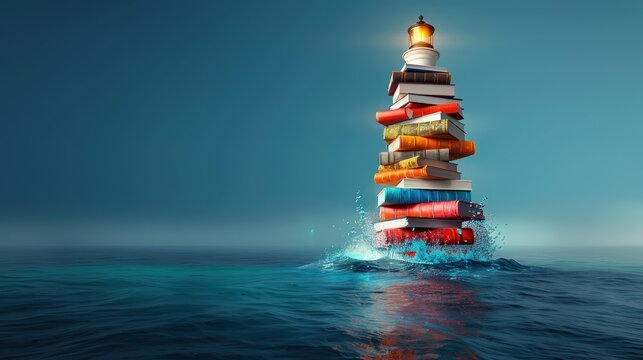 Knowledge lighthouse guiding light with books photography