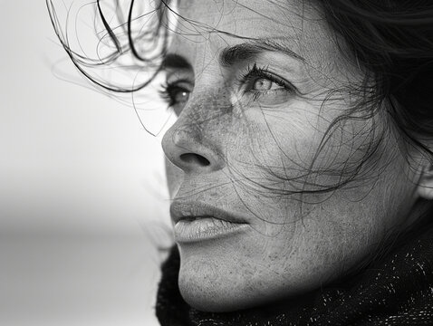 isolated reference photo on a plain white background, black and white side profile portrait of intriguing 35 year old woman set on plain white background, close up 