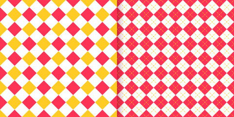 Diagonal plaid textures with red and yellow squares. Checkered lozenge seamless pattern. Rhombus print. Set of modern geometric backdrop. Argyle diamond background. Vector illustration.