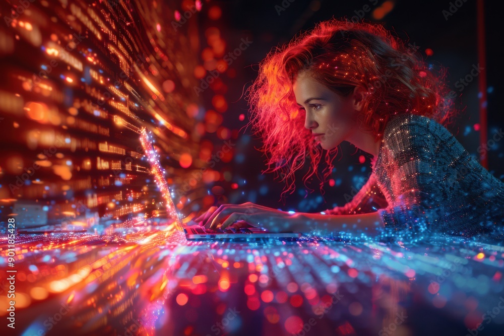 Poster a woman with red hair working on a laptop surrounded by streams of glowing data, capturing the essen