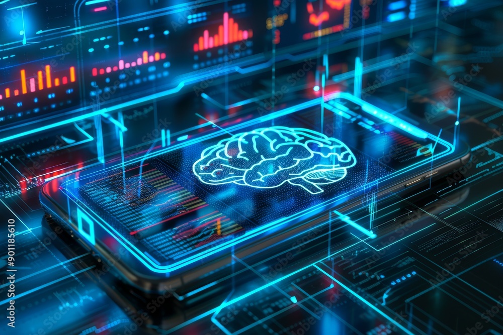 Poster futuristic lab with digital brain scans on multiple monitors showcasing advanced technology in neuro