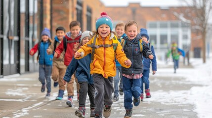 A group of happy children run down a snowy street, laughing and enjoying the winter day.