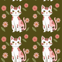 seamless background with cats and flowers 