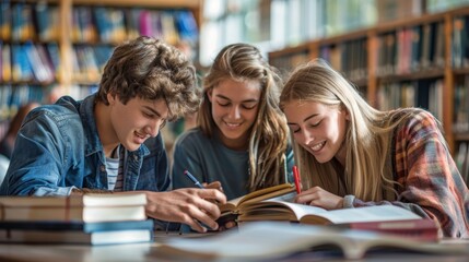 Three students collaborate on a project in a library, surrounded by bookshelves.